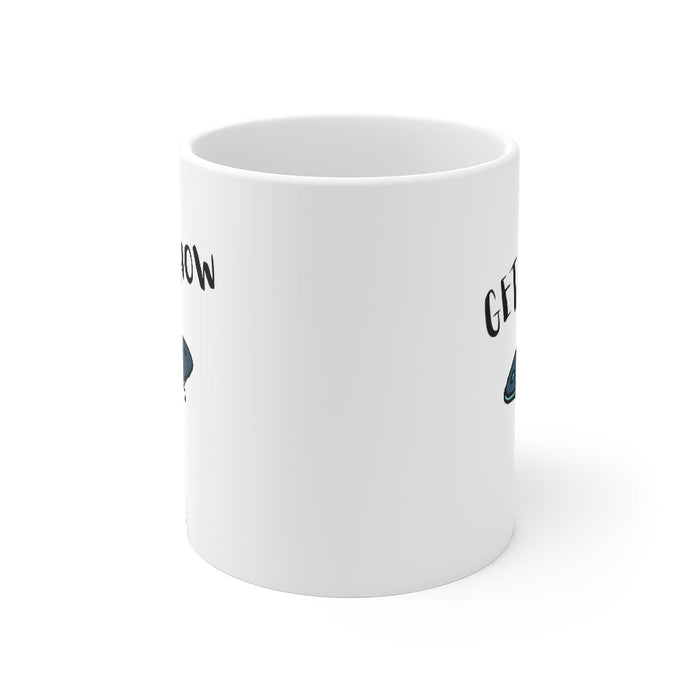 Abduction Extraterrestrial Beverage Mug: white, black UFO abducting a small person, cartoon style