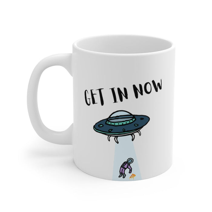 Abduction Extraterrestrial Beverage Mug: white, black UFO abducting a small person, cartoon style