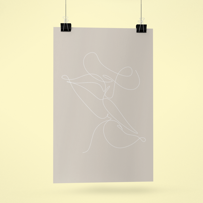 Abstract Art Print with Kiss Outline Design: light gray, white abstract line art, minimal style