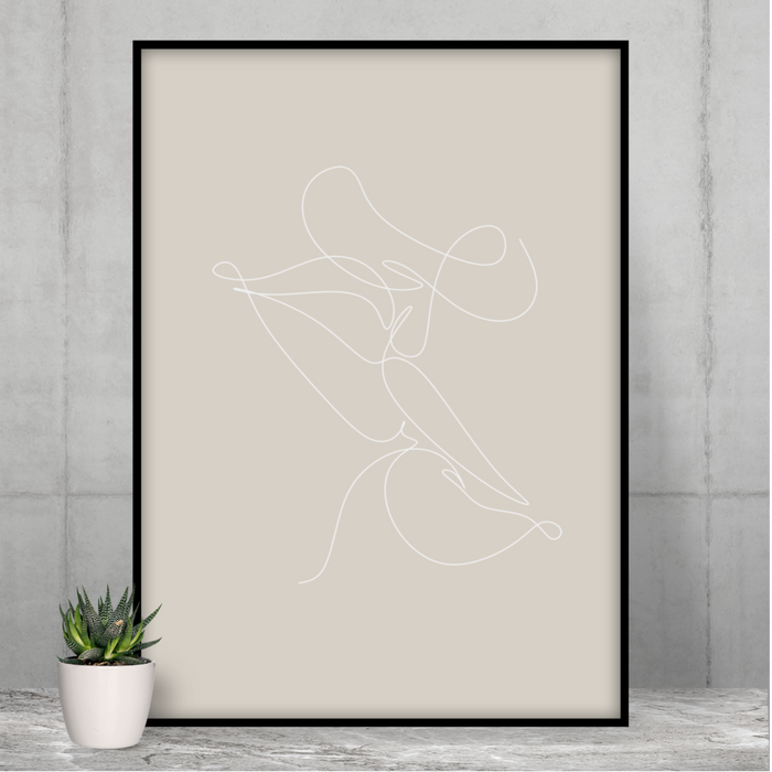 Abstract Art Print with Kiss Outline Design: light gray, white abstract line art, minimal style