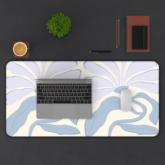 Abstract Lavender Flower Desk Pad: cream, pale blue floral pattern, minimal botanical illustration style