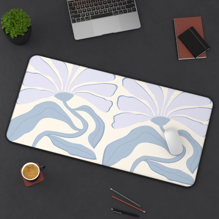 Abstract Lavender Flower Desk Pad: cream, pale blue floral pattern, minimal botanical illustration style