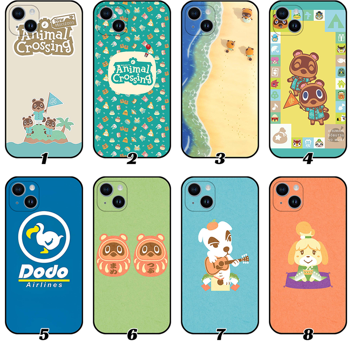 ACNH Animal Villager Phone Cases: beige, teal Animal Crossing characters and Dodo Airlines theme, cartoon, kawaii style