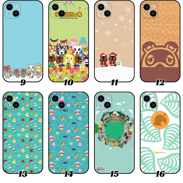 ACNH Animal Villager Phone Cases: beige, teal Animal Crossing characters and Dodo Airlines theme, cartoon, kawaii style