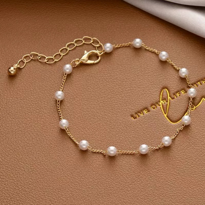 Adjustable Ladies Bracelet with Imitation Pearl Accents: gold, white bracelet, minimal elegant style