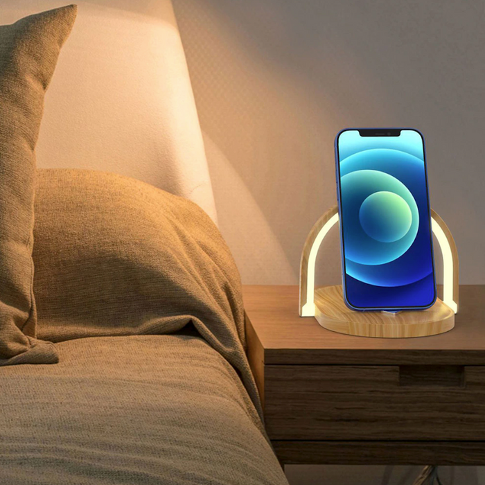 Adjustable LED Light Multi Functional Wireless Phone Charger: yellow, light brown wood grain decorative lamp, minimal modern
