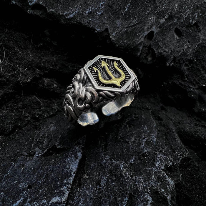 Adjustable Sea Ruler Ring: silver, gold trident symbol, ornate gothic style