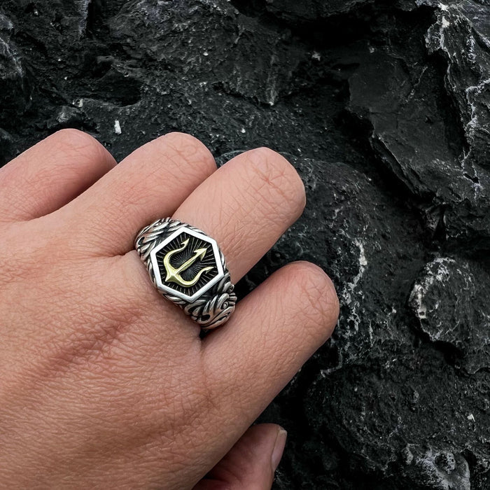 Adjustable Sea Ruler Ring: silver, gold trident symbol, ornate gothic style