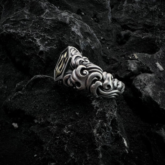 Adjustable Sea Ruler Ring: silver, gold trident symbol, ornate gothic style