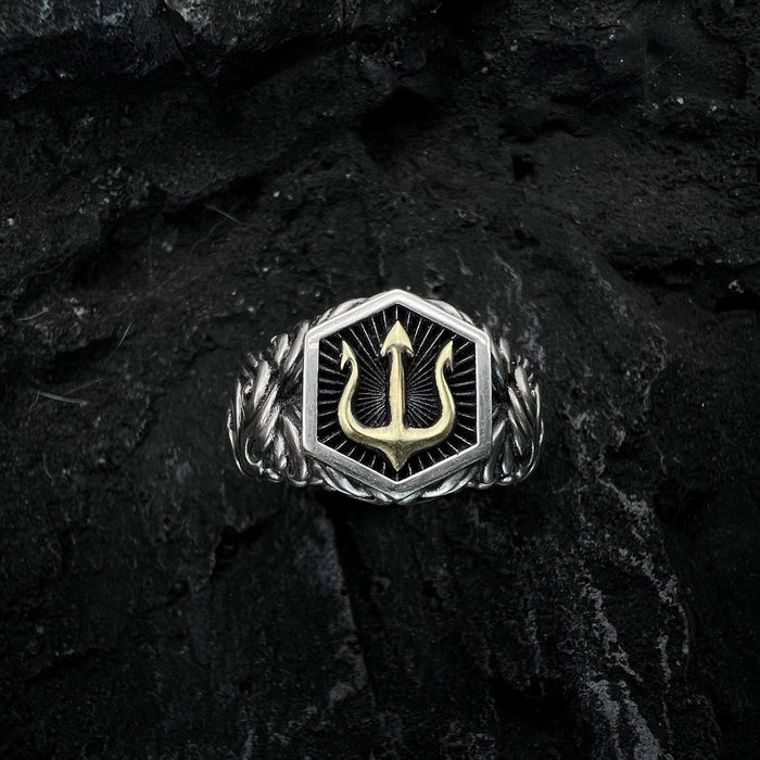 Adjustable Sea Ruler Ring: silver, gold trident symbol, ornate gothic style