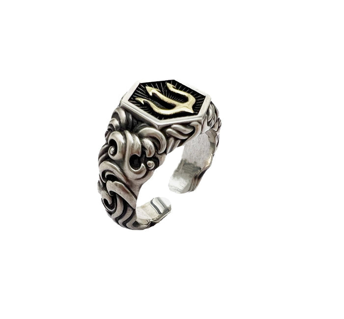 Adjustable Sea Ruler Ring: silver, gold trident symbol, ornate gothic style