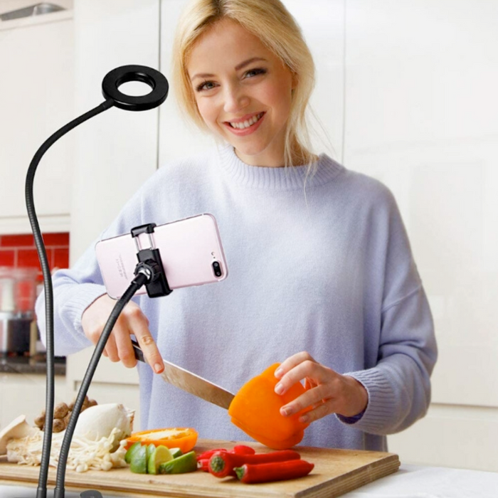Adjustable Stand LED Ring Light: black phone holder stand with ring light, minimal style