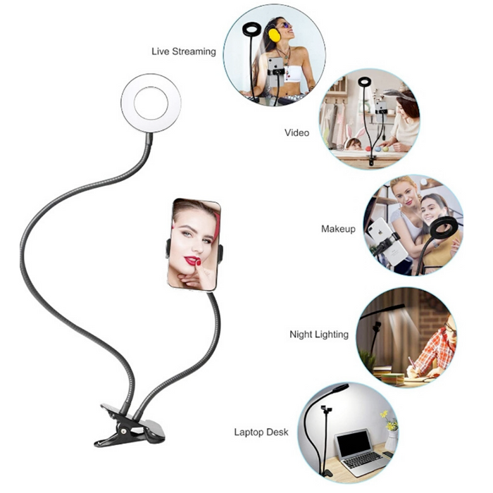 Adjustable Stand LED Ring Light: black phone holder stand with ring light, minimal style