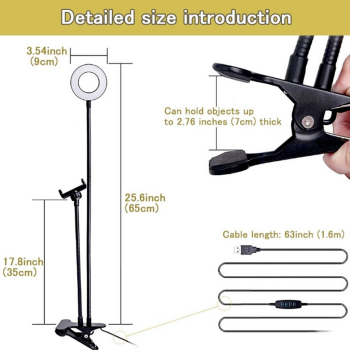Adjustable Stand LED Ring Light: black phone holder stand with ring light, minimal style