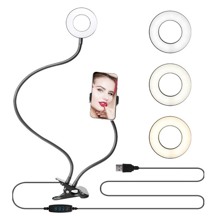 Adjustable Stand LED Ring Light: black phone holder stand with ring light, minimal style