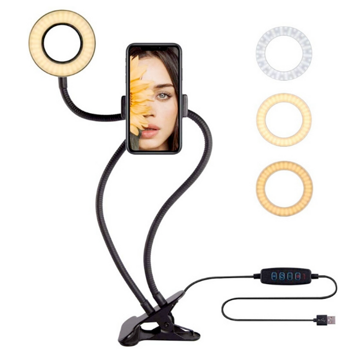 Adjustable Stand LED Ring Light: black phone holder stand with ring light, minimal style