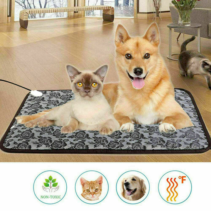 Adjustable Temperature Waterproof Bed Pad with Thermal Heating for Pets: gray, black dog, product advertisement style