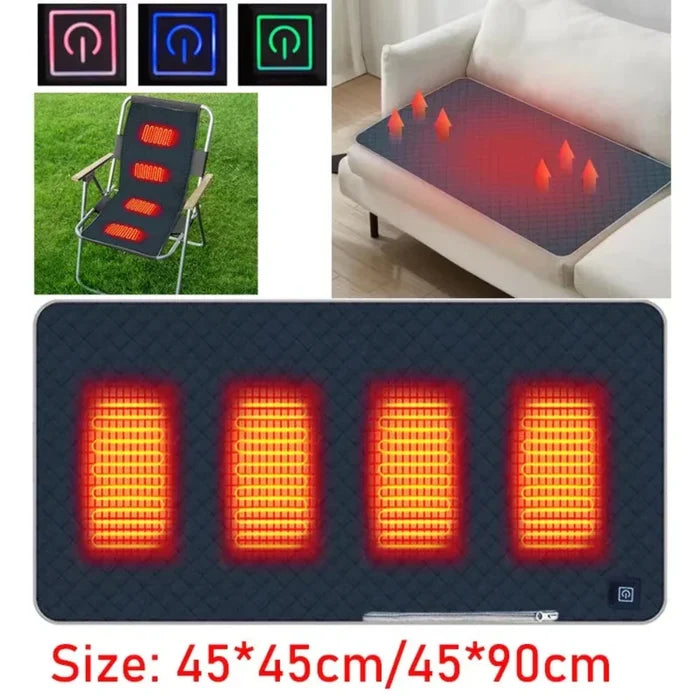 Adjustable Three-Level Heated Mat: black, red-orange portable heated seat pad/cushion with remote controls, minimal product a