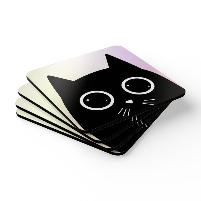 Adorable Feline Beverage Coaster Set (4 Pieces): black, white black cat, minimal cartoon style