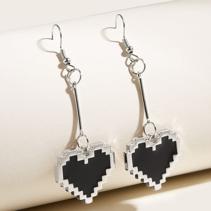 Adorkable Black Mosaic Love Pixel Earrings: black, silver pixelated heart, pixel art, geometric style