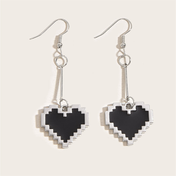 Adorkable Black Mosaic Love Pixel Earrings: black, silver pixelated heart, pixel art, geometric style