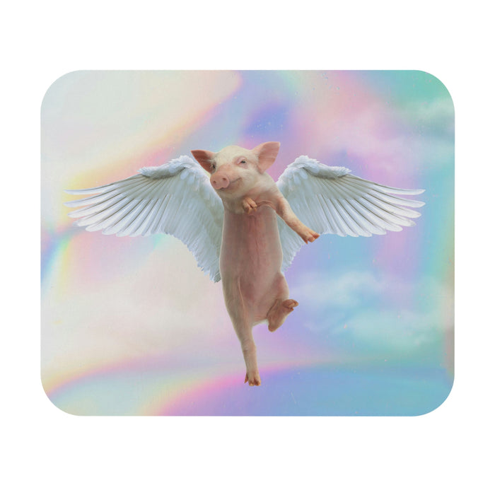 Airborne Swine Mouse Mat: pink, white winged pig, surreal fantasy style