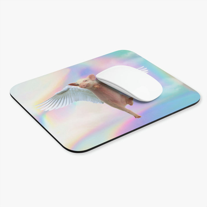 Airborne Swine Mouse Mat: pink, white winged pig, surreal fantasy style