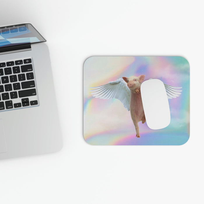 Airborne Swine Mouse Mat: pink, white winged pig, surreal fantasy style