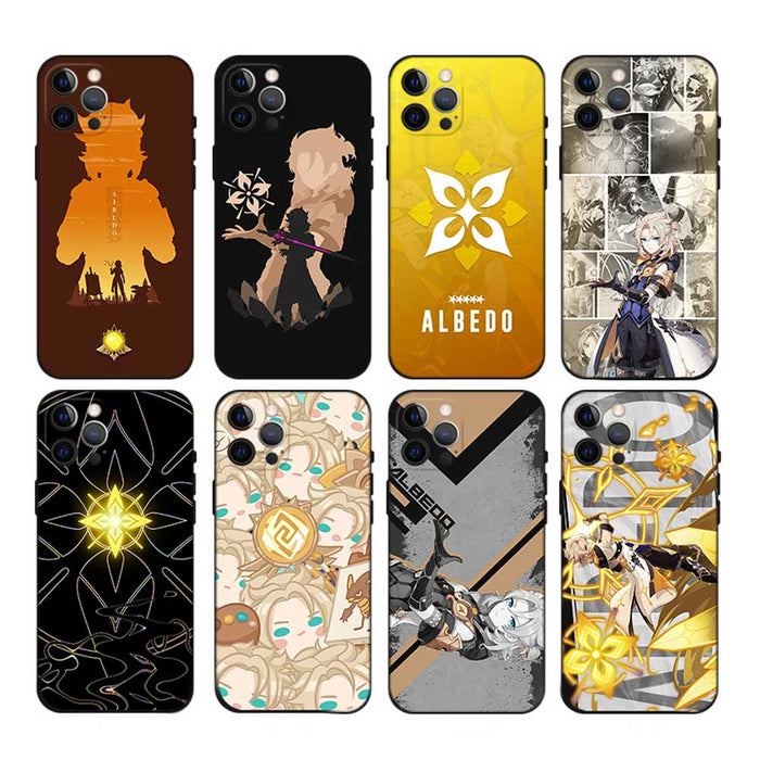 Albedo Genshin Impact Phone Case: black, brown anime/game character and Albedo-themed designs, anime/cartoon graphic style
