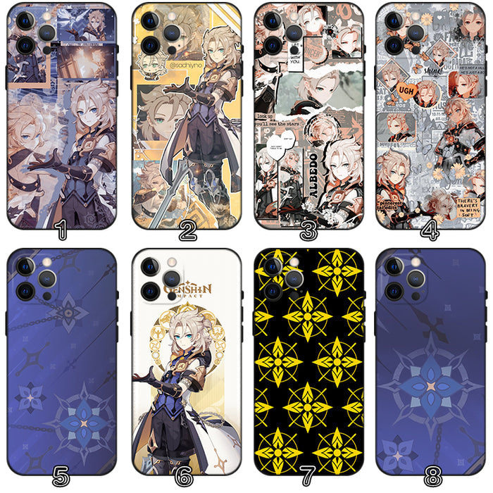 Albedo Genshin Impact Phone Case: black, brown anime/game character and Albedo-themed designs, anime/cartoon graphic style