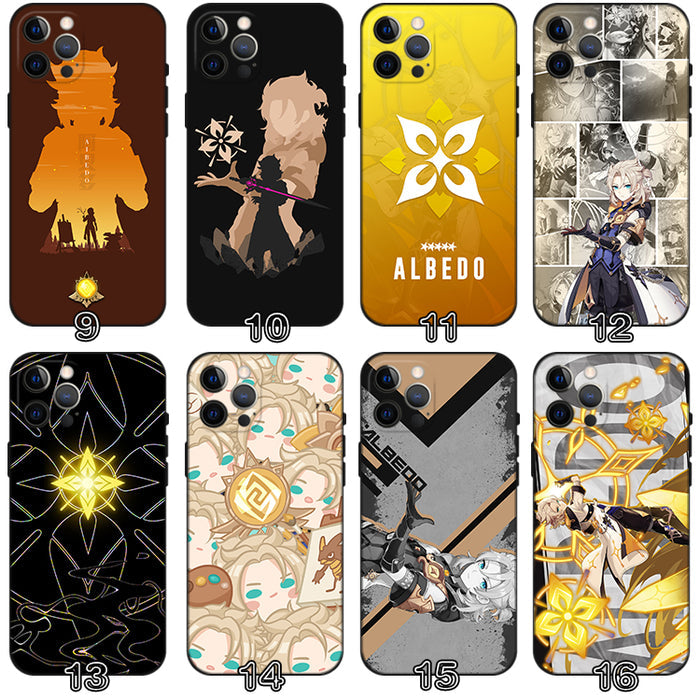 Albedo Genshin Impact Phone Case: black, brown anime/game character and Albedo-themed designs, anime/cartoon graphic style