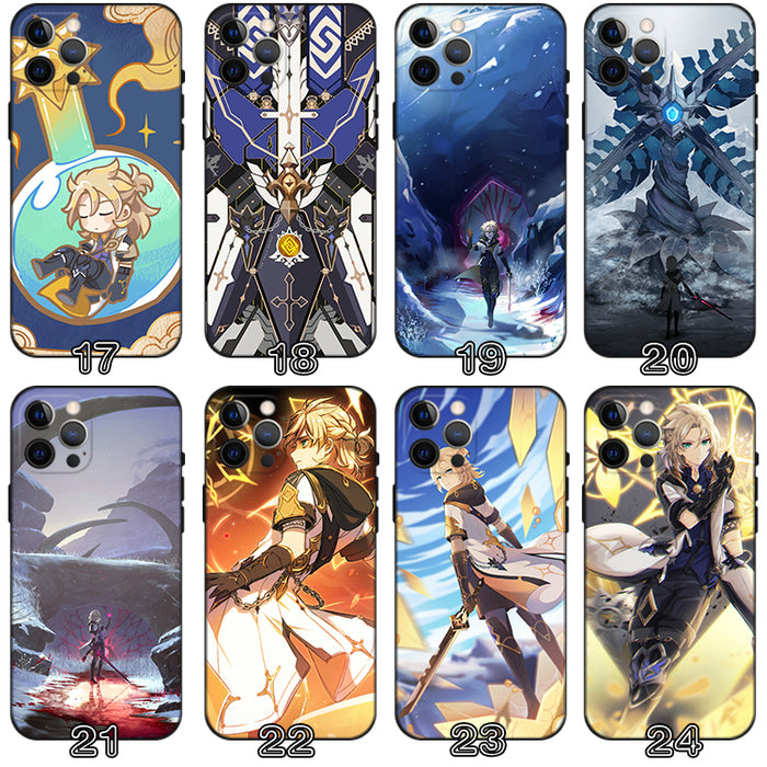 Albedo Genshin Impact Phone Case: black, brown anime/game character and Albedo-themed designs, anime/cartoon graphic style