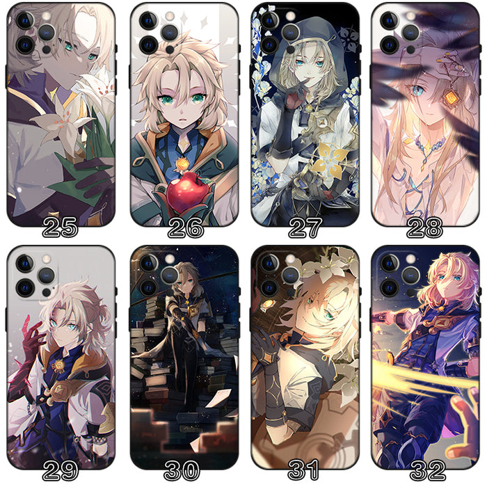 Albedo Genshin Impact Phone Case: black, brown anime/game character and Albedo-themed designs, anime/cartoon graphic style