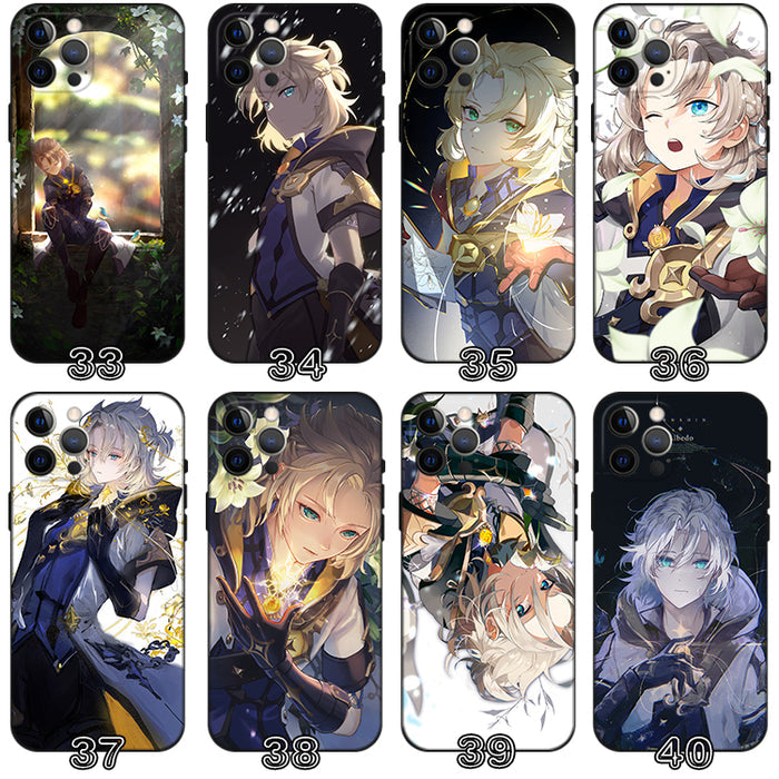 Albedo Genshin Impact Phone Case: black, brown anime/game character and Albedo-themed designs, anime/cartoon graphic style