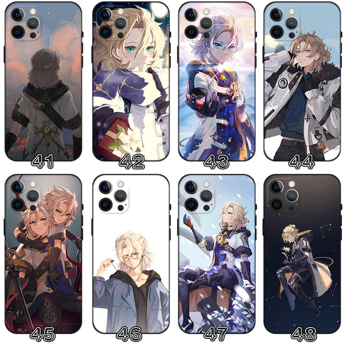 Albedo Genshin Impact Phone Case: black, brown anime/game character and Albedo-themed designs, anime/cartoon graphic style
