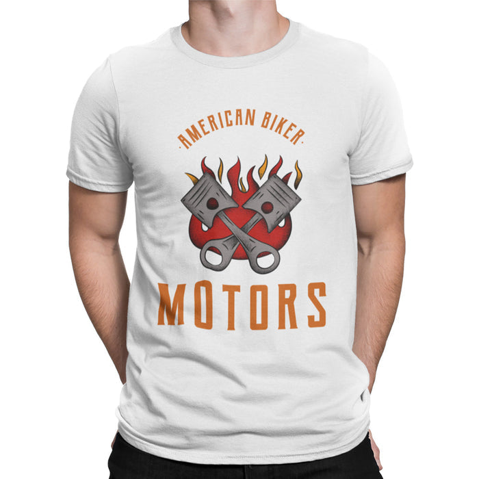 American Motorcycle Rider Men's Tee: white, orange motorcycle/biker engine theme, vintage biker graphic style