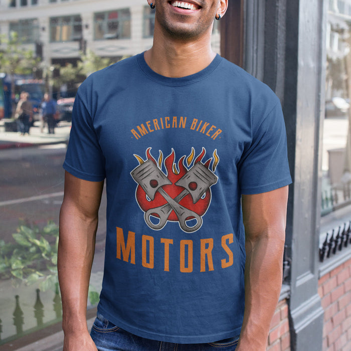 American Motorcycle Rider Men's Tee: white, orange motorcycle/biker engine theme, vintage biker graphic style