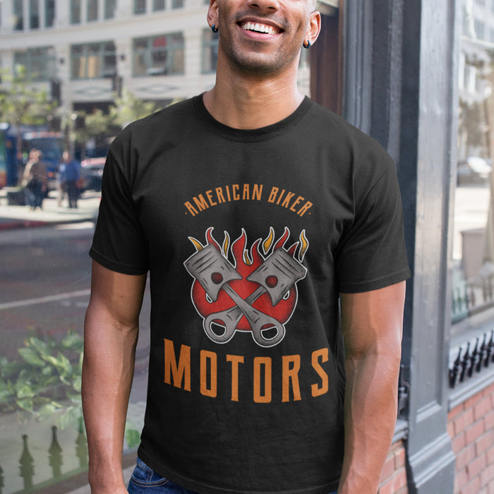 American Motorcycle Rider Men's Tee: white, orange motorcycle/biker engine theme, vintage biker graphic style