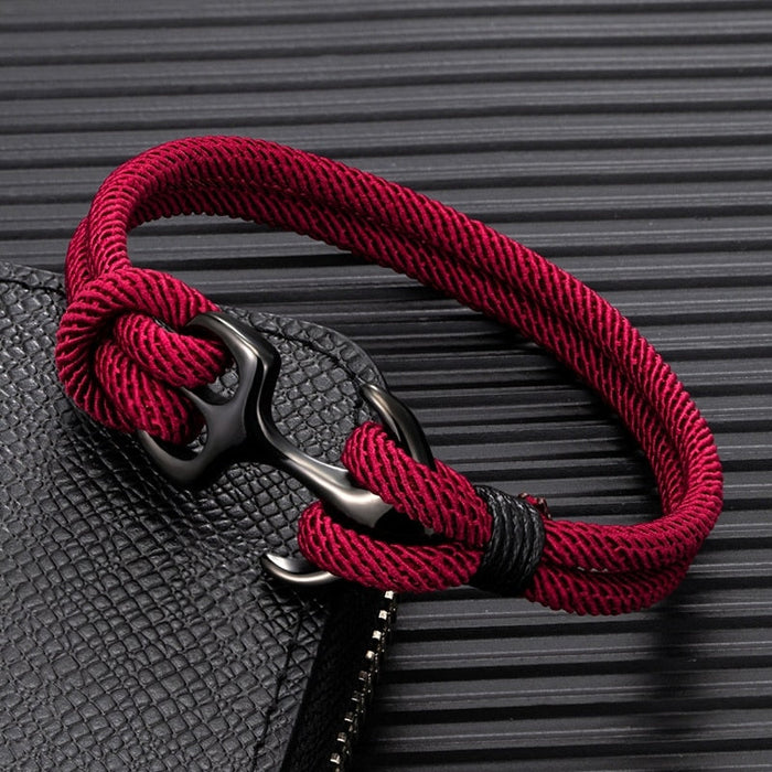 Anchor Bracelet with Rope Design: dark red, black bracelet, minimal style