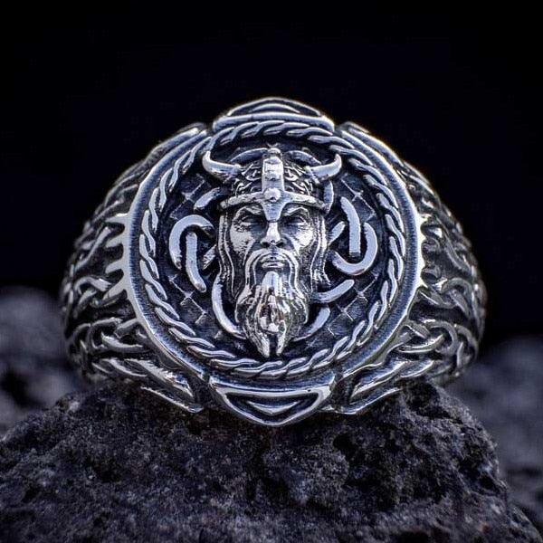 Ancient Nordic Ring: silver, dark gray bearded horned warrior/character, ornate fantasy style