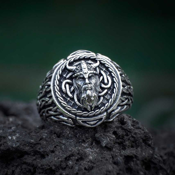 Ancient Nordic Ring: silver, dark gray bearded horned warrior/character, ornate fantasy style