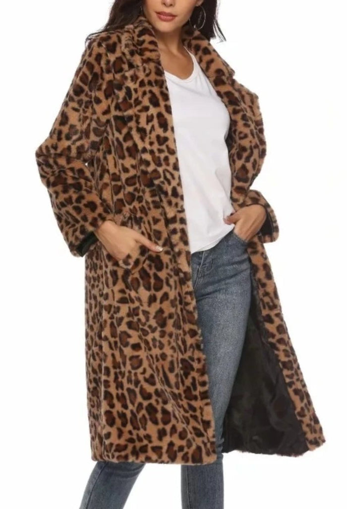 Animal Print Midi Women's Coat: Embrace the Wild Side in Style!: brown, black long coat, animal print fashion style