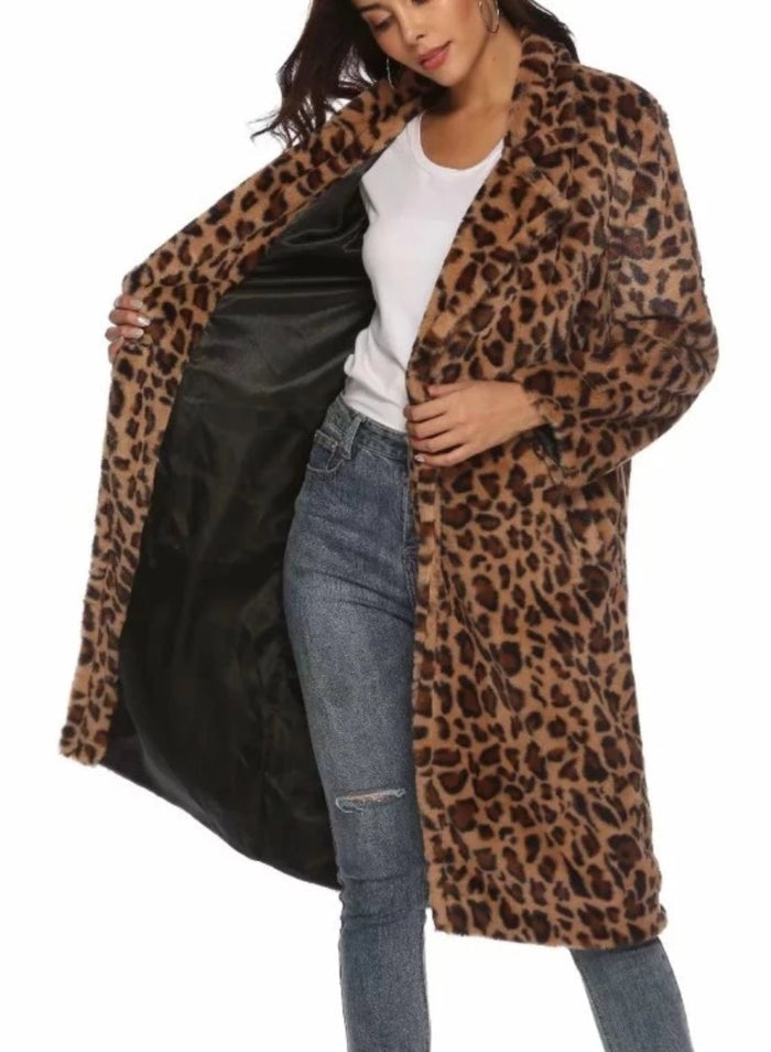 Animal Print Midi Women's Coat: Embrace the Wild Side in Style!: brown, black long coat, animal print fashion style