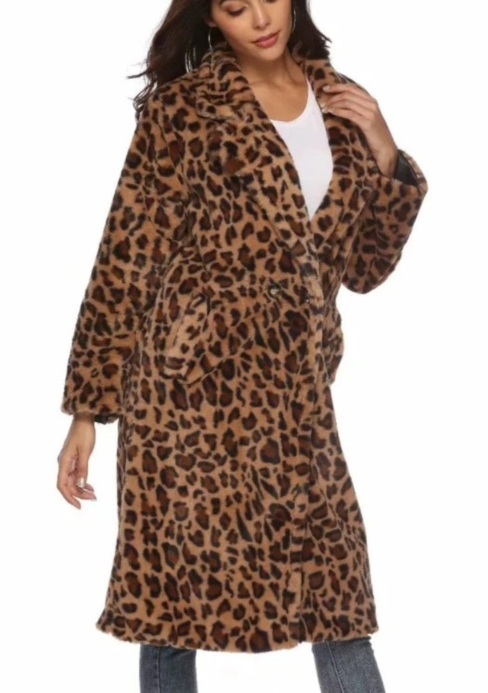 Animal Print Midi Women's Coat: Embrace the Wild Side in Style!: brown, black long coat, animal print fashion style
