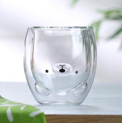 Animal-shaped Clear Glass Mug for Beverages: clear, black bear face, cute minimal cartoon style