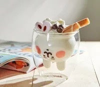 Animal-shaped Clear Glass Mug for Beverages: clear, black bear face, cute minimal cartoon style