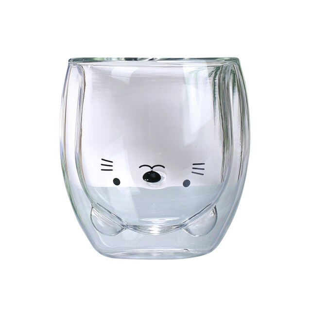 Animal-shaped Clear Glass Mug for Beverages: clear, black bear face, cute minimal cartoon style