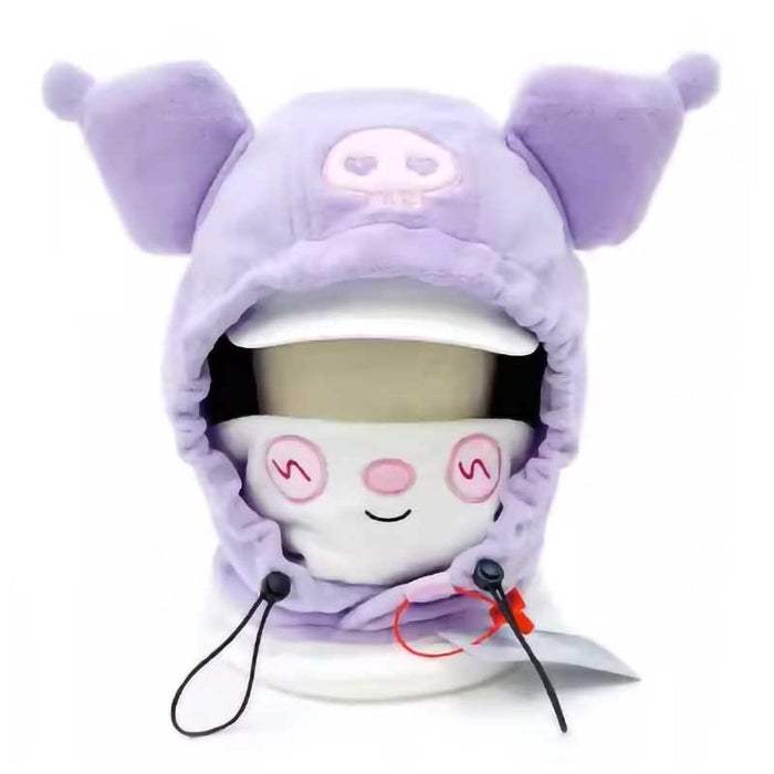 Animal Ski Balaclava with Adjustable Strap: lavender purple, white cartoon animal/character, kawaii cartoon style