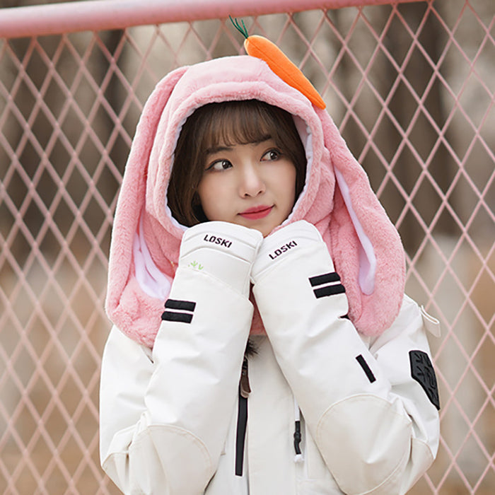 Animal Ski Balaclava with Adjustable Strap: cream, orange carrot theme, kawaii style