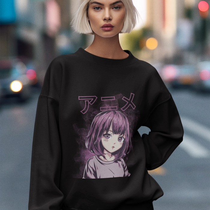 Anime Sweatshirt in Vibrant Purple: black, purple anime-style girl character, anime streetwear style